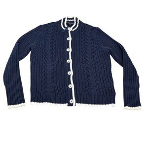 Brooks Brothers Sweater Womens Large Navy Blue Cable Cardigan Mock Neck Button